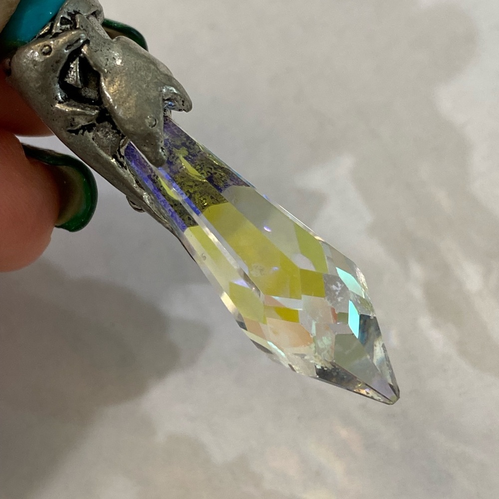 Silver Quartz Crystal Turquoise Pendant Necklace dolphins vintage signed - Picture 9 of 14